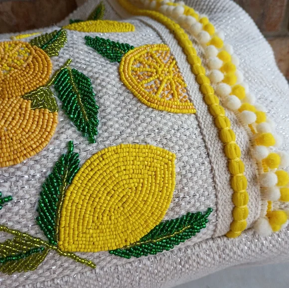 NEW America & Beyond Beaded Lemon Pom Pom Woven Cotton Summer Travel Beach Tote - Picture 6 of 16